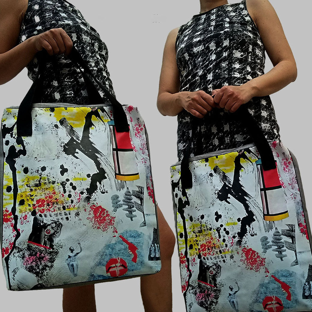 Large handbag inspired by the work “Passion” gray canvas & bright colors