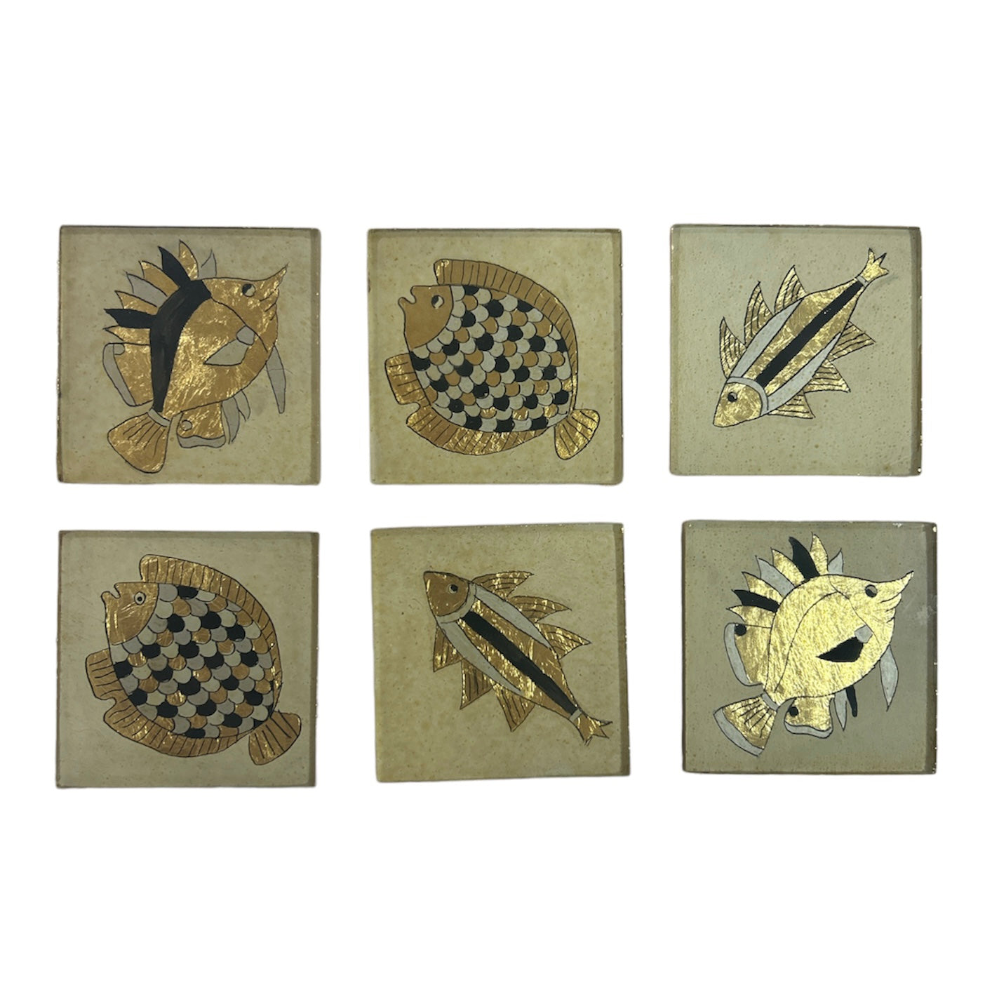 6 Dessous de verre POISSONS en doré et noir