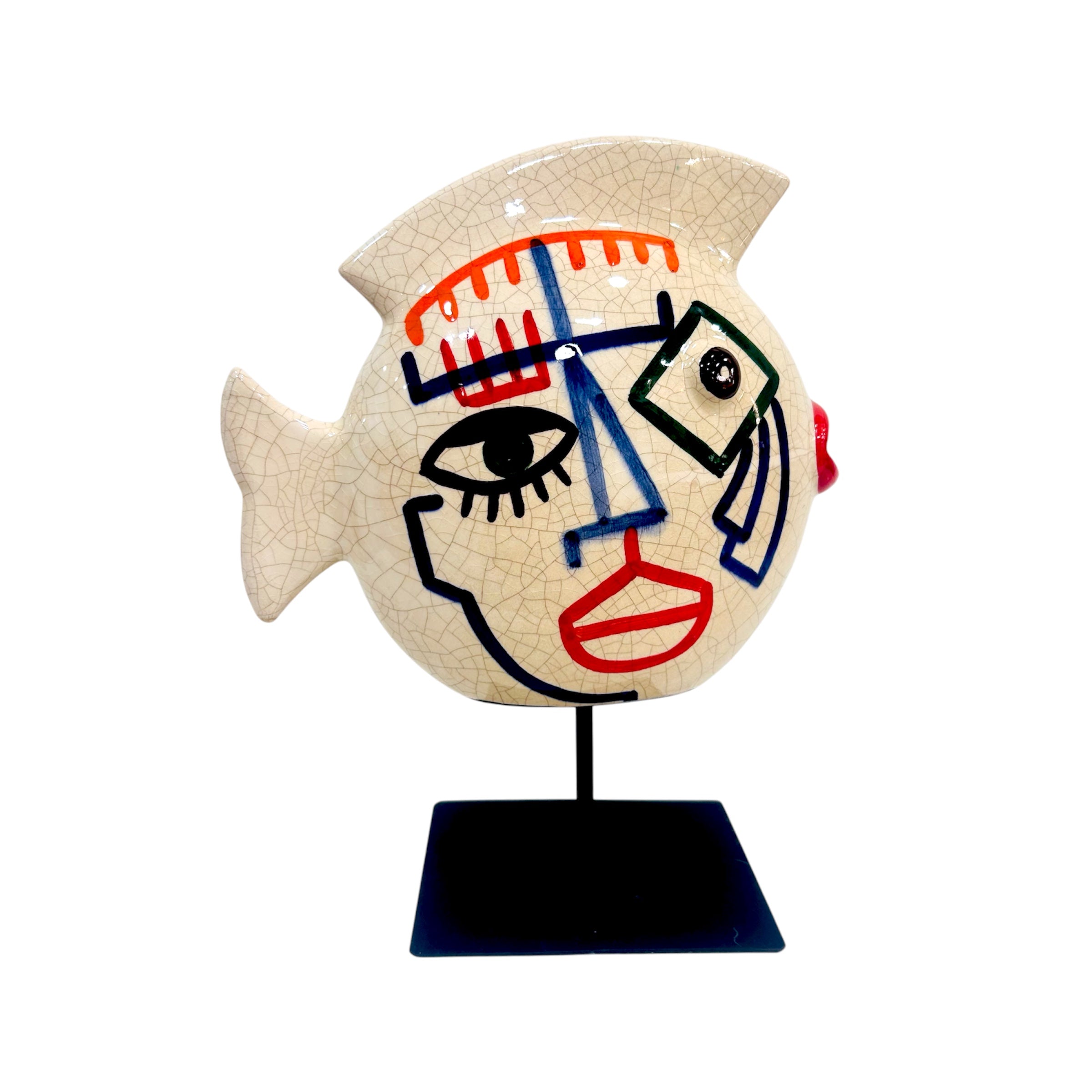 Sculpture poisson visage en céramique sur socle métallique