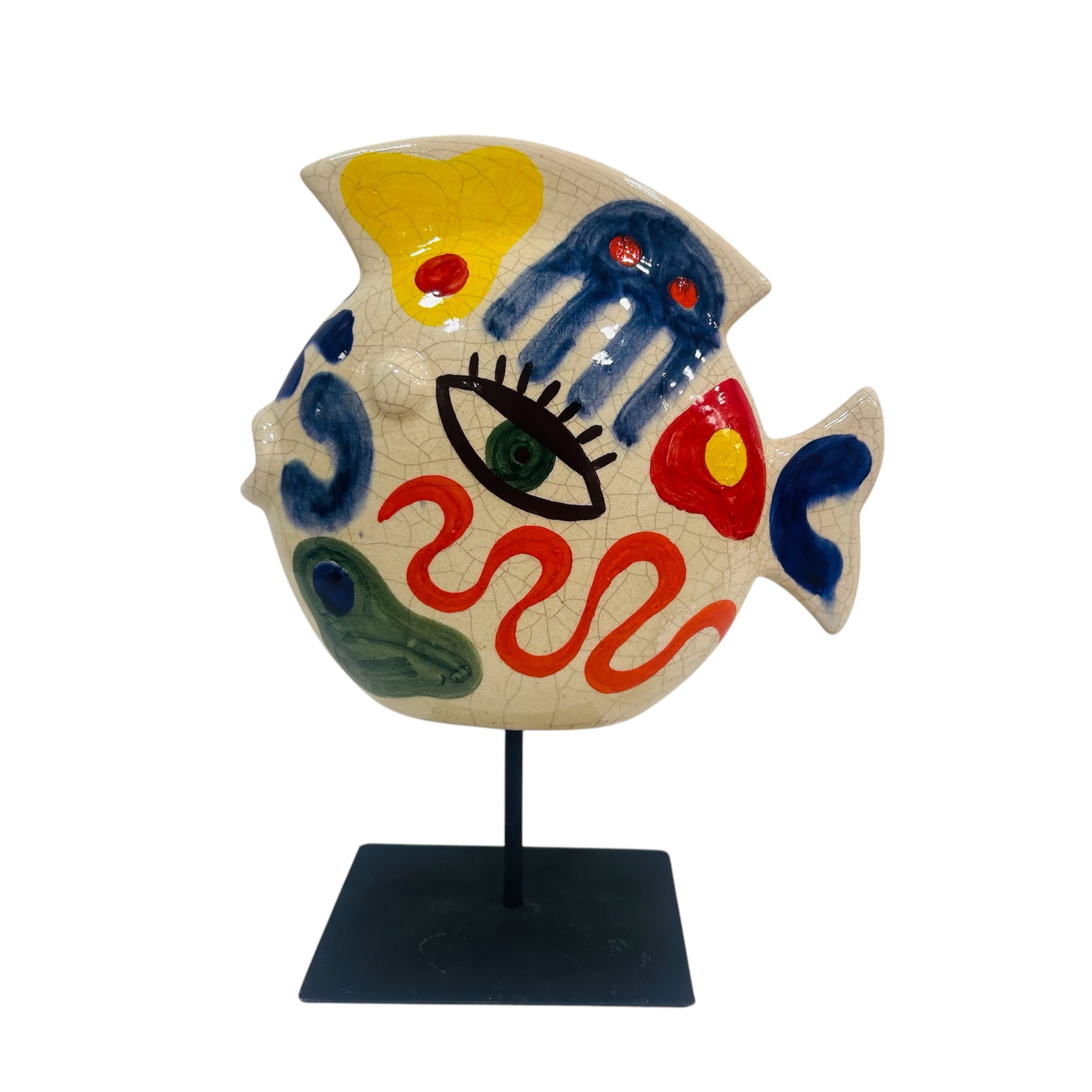 Sculpture poisson coloré en céramique sur socle métallique