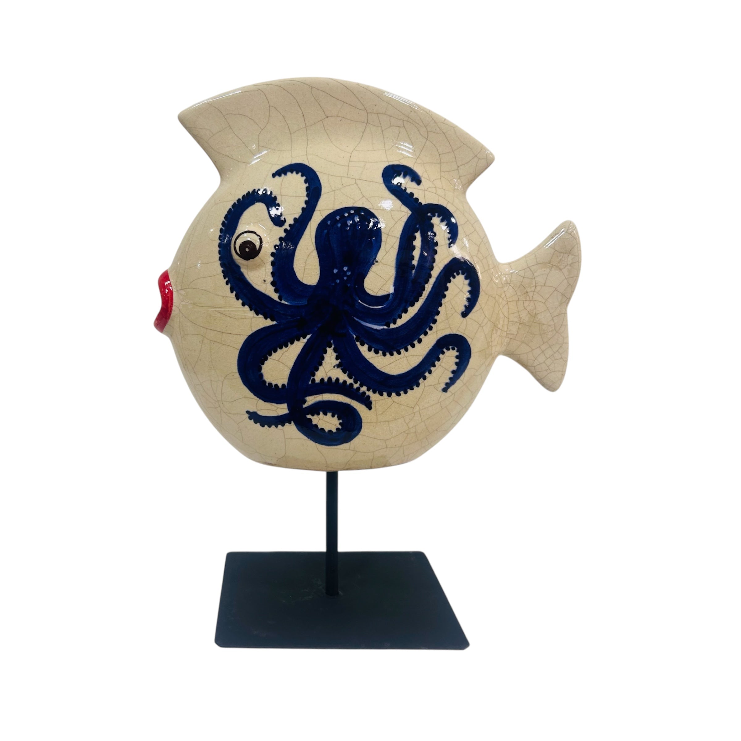 Sculpture poisson en céramique avec motif poulpe
