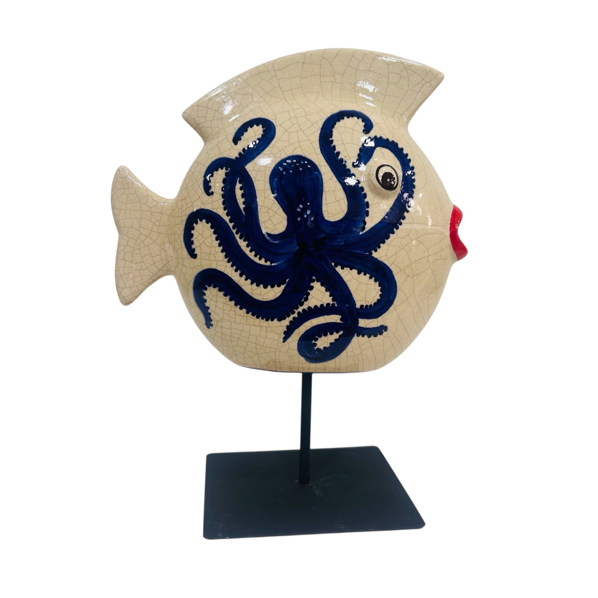 Sculpture poisson en céramique avec motif poulpe