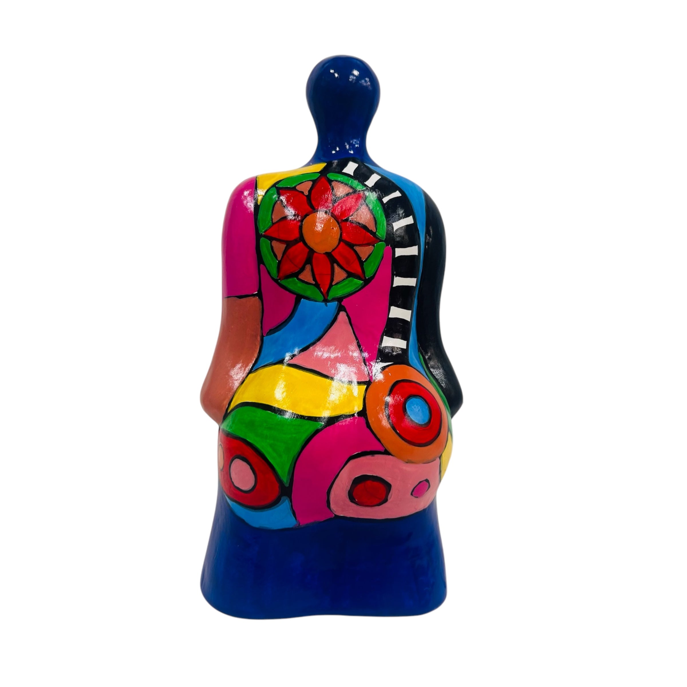 Reine de couleurs à la tête bleue, sculpture en céramique inspirée de Niki de Saint Phalle