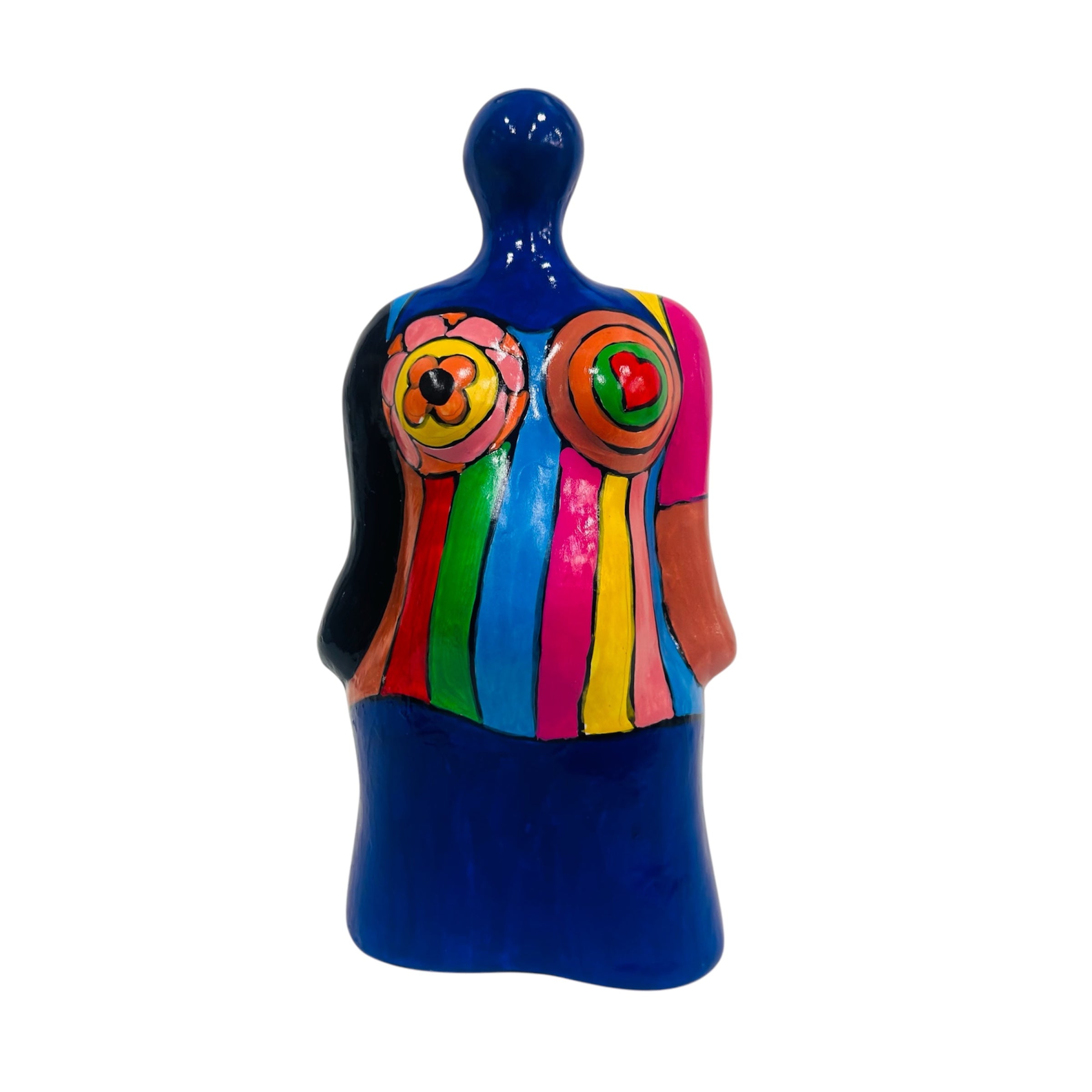 Reine de couleurs à la tête bleue, sculpture en céramique inspirée de Niki de Saint Phalle