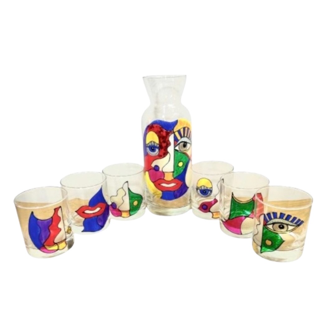 Set de 6 Verres et carafe Colorés - Visages Cubistes Modernes