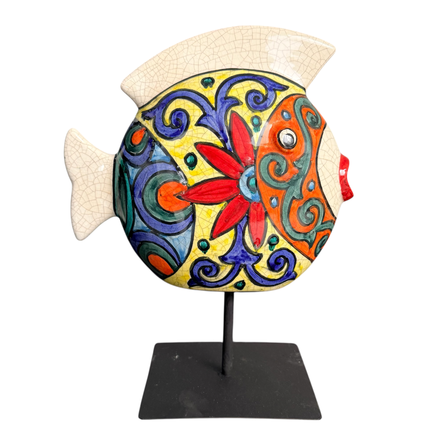 Sculpture poisson coloré en céramique sur socle métallique