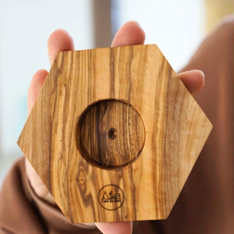 Porte-bougie hexagonal en bois d'olivier naturel, artisanal