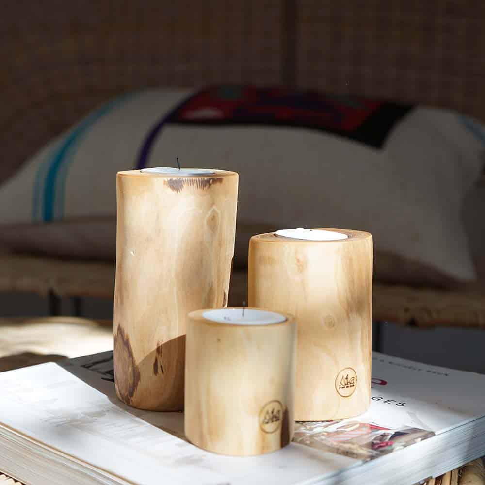 Porte-bougie trio en bois d'olivier - artisanal et naturel