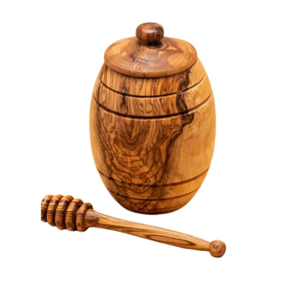 Pot à miel artisanal en bois d'olivier avec cuillère - fait main
