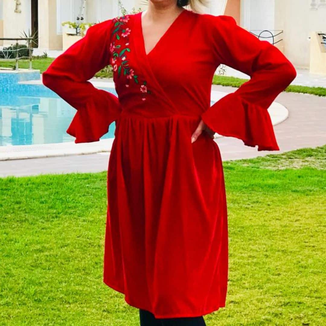 Red silk velvet dress - Souria jerbia - Floral embroidery