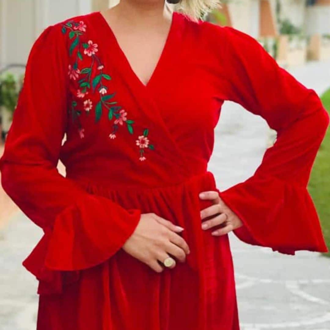 Red silk velvet dress - Souria jerbia - Floral embroidery