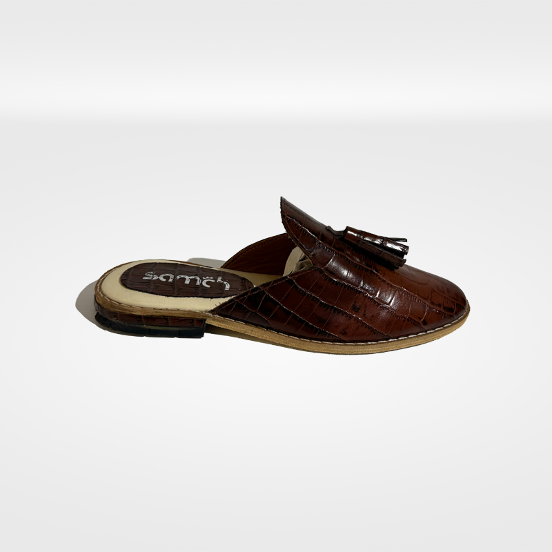 Babouche cuir "SOMBEK" en croco marron foncé - Élégance éco-responsable
