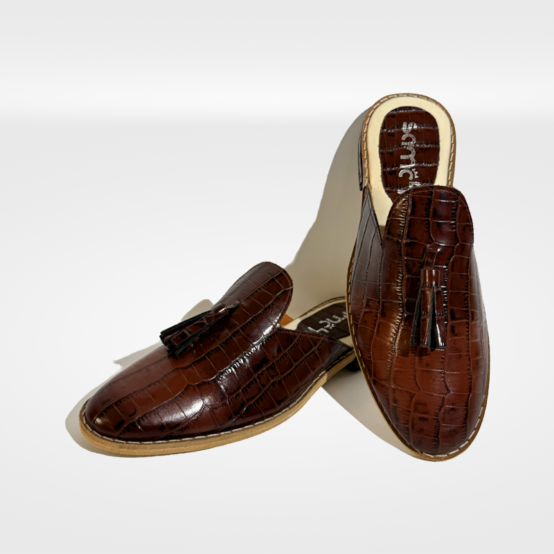 Babouche cuir "SOMBEK" en croco marron foncé - Élégance éco-responsable