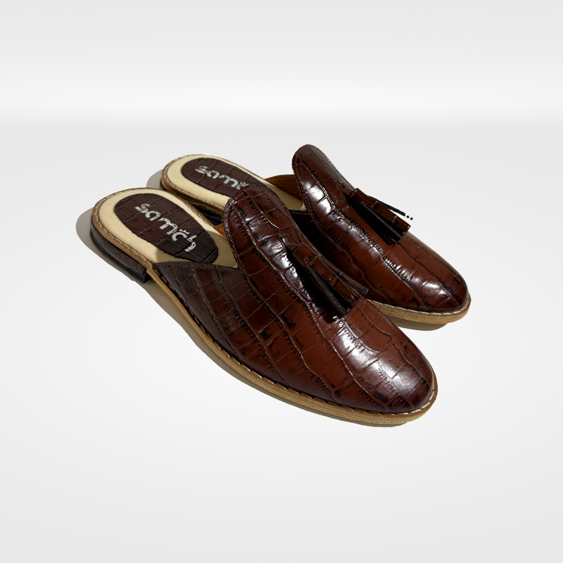 Babouche cuir "SOMBEK" en croco marron foncé - Élégance éco-responsable