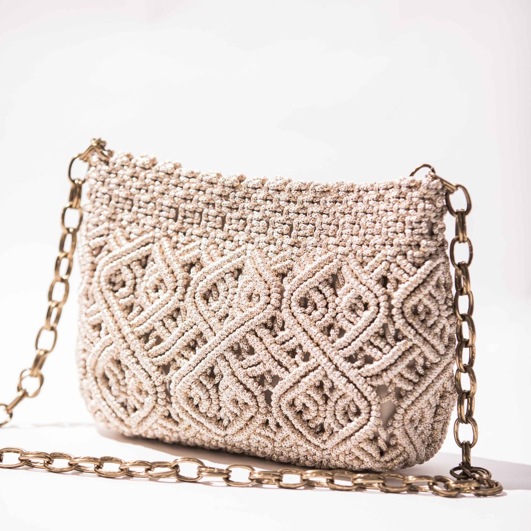 Sac macramé torsadé beige/or
