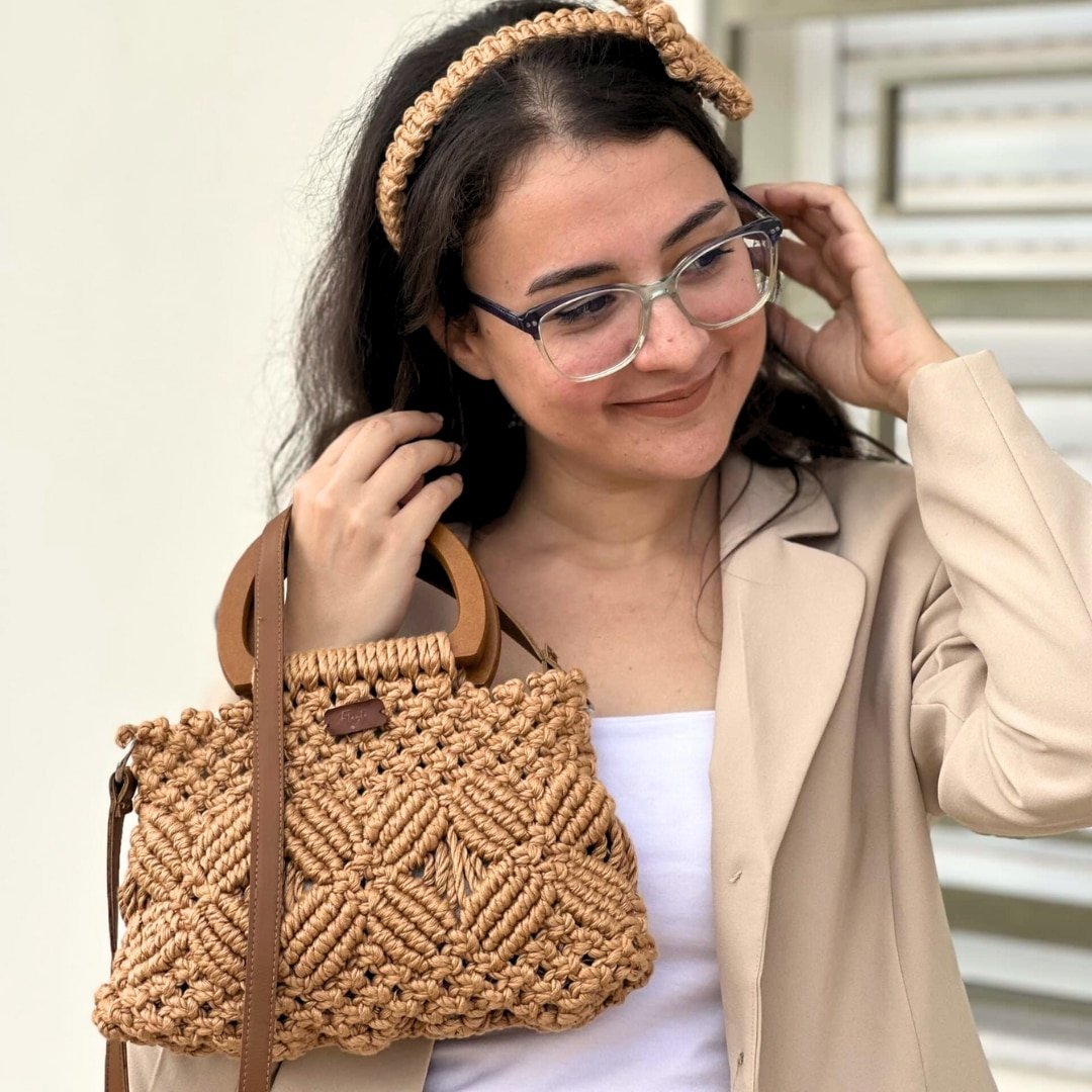Sac à main et bandoulière en macramé avec anses bois chic