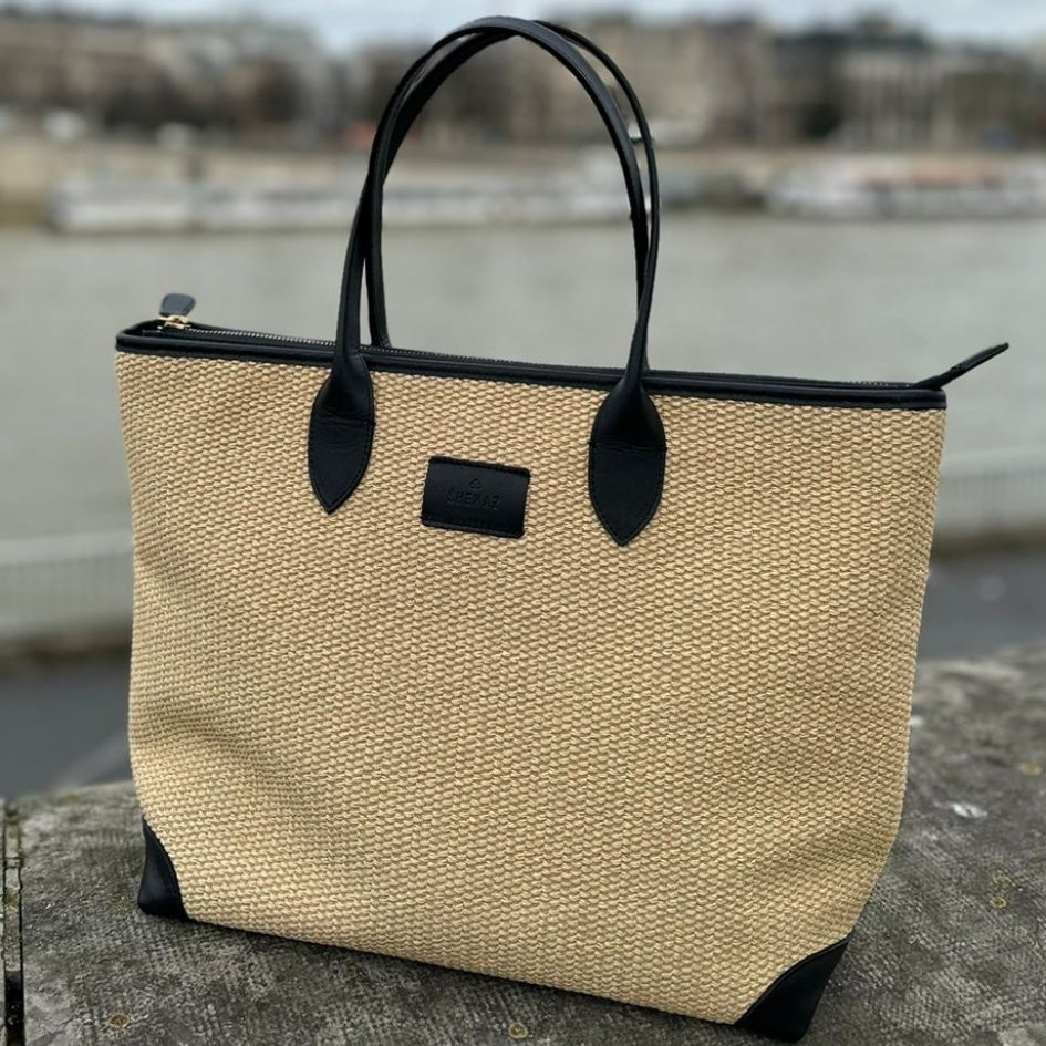 Sac à main en osier et cuir véritable disponible en beigne, noir et blanc (30x40x13 cm)
