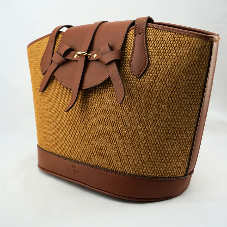 Sac cabas Cavaliero en fibres naturelles cuir marron