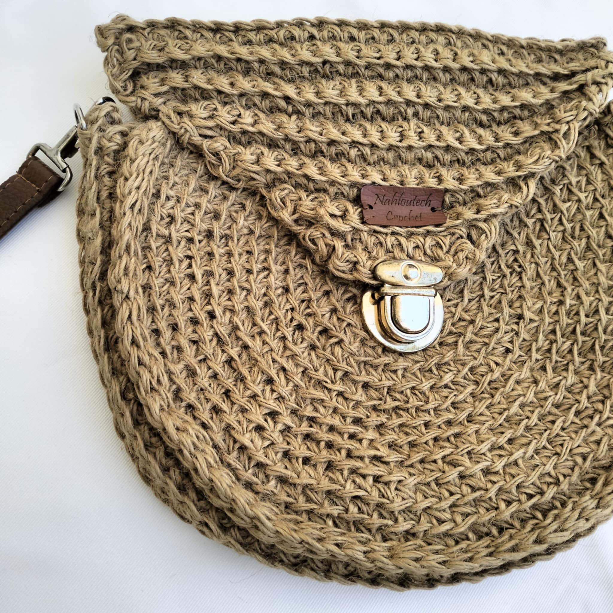 Sac rond beige en crochet en file de jute naturel