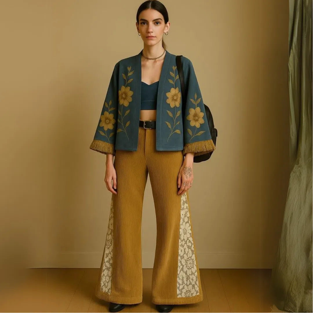 Set bohème vintage 3 pièces kimono velours dentelle