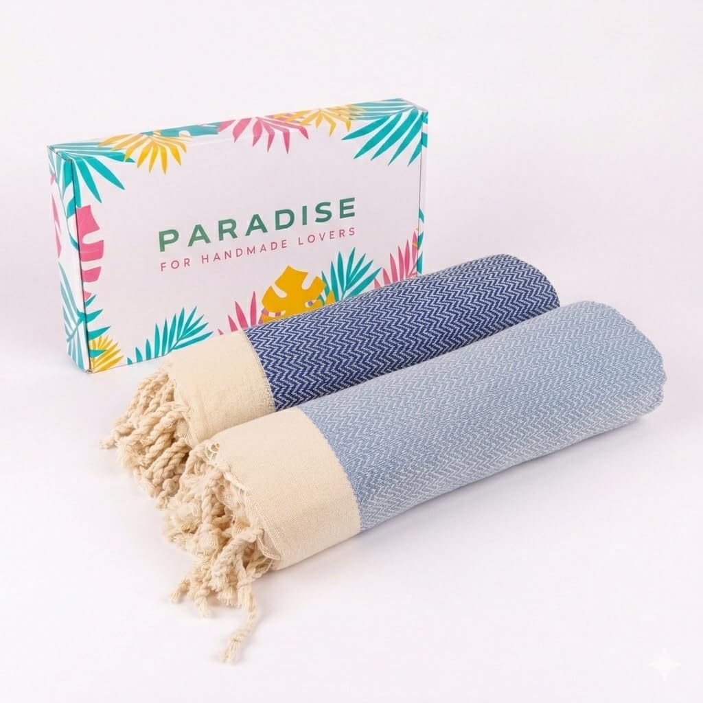 Set de 2 Foutas tunisienne Zigzag 100% coton Blue Ciel et Blue Roi