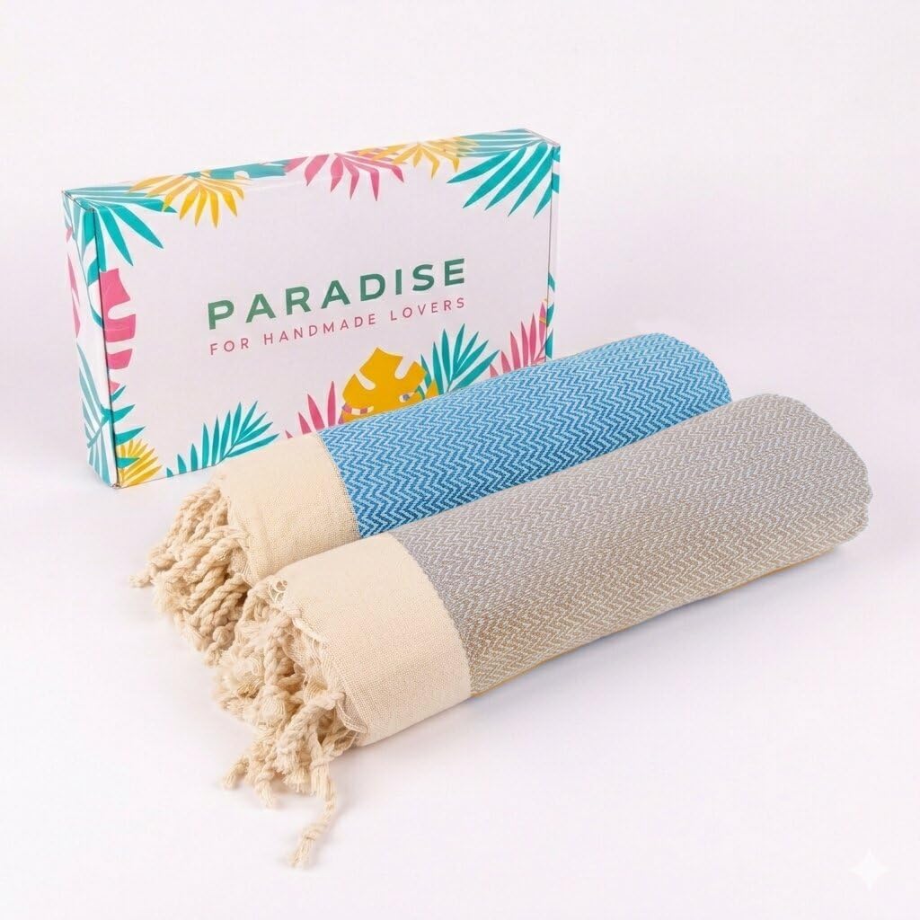 Set de 2 Foutas tunisienne Zigzag 100% coton Bleue & Grège