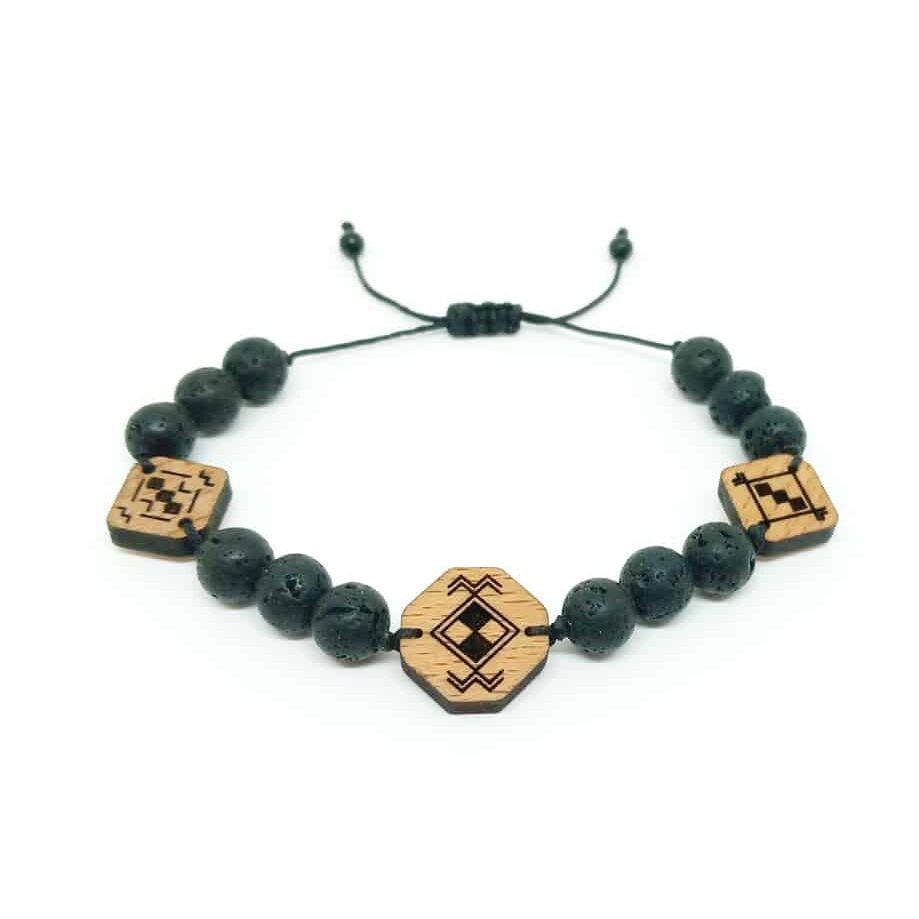 Volcanic Stone Beaded Bracelet & Solid Wood Pendant