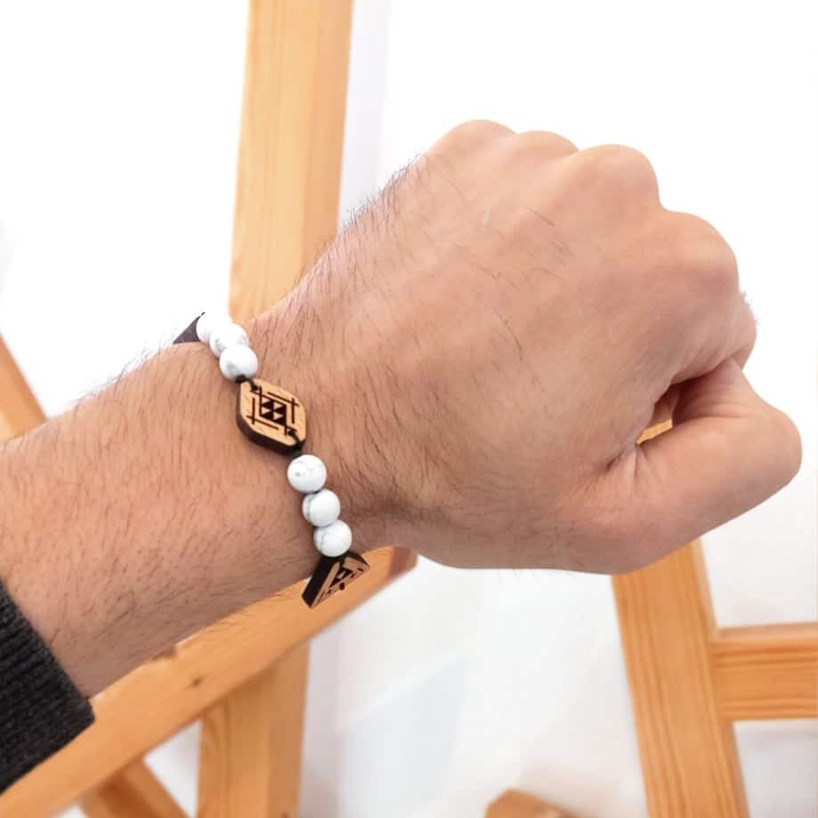 Berber Bracelet "The White" - Howlite Stone Beads and Solid Wood Pendants
