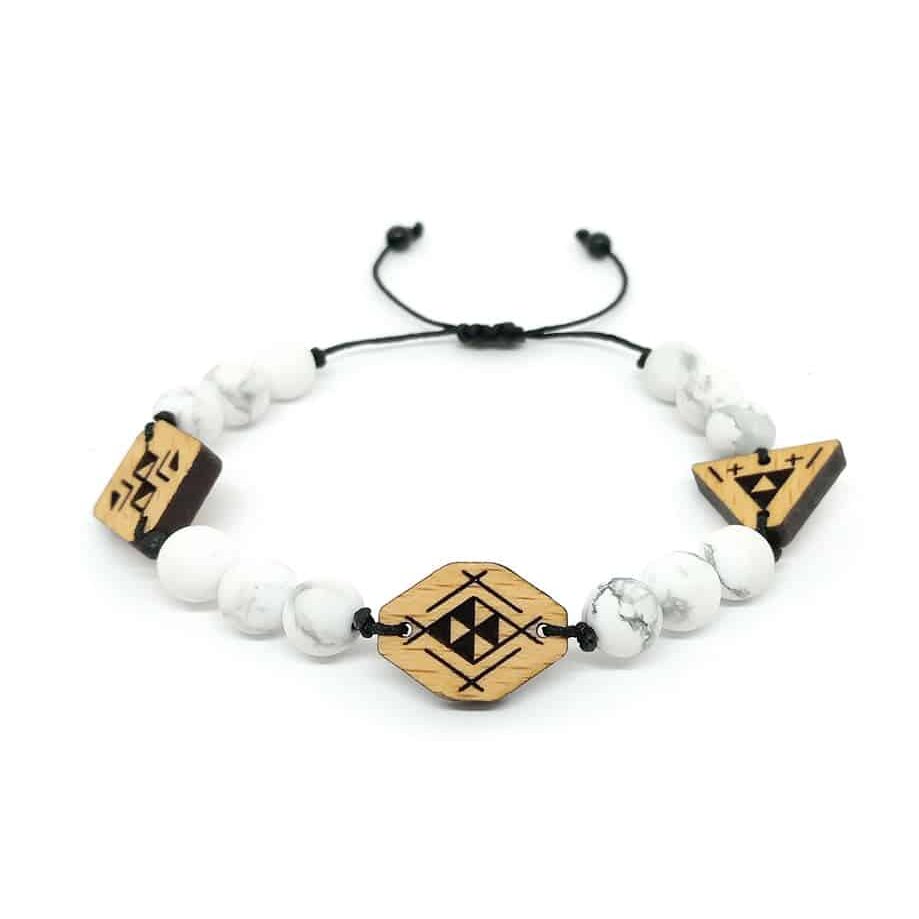 Berber Bracelet "The White" - Howlite Stone Beads and Solid Wood Pendants