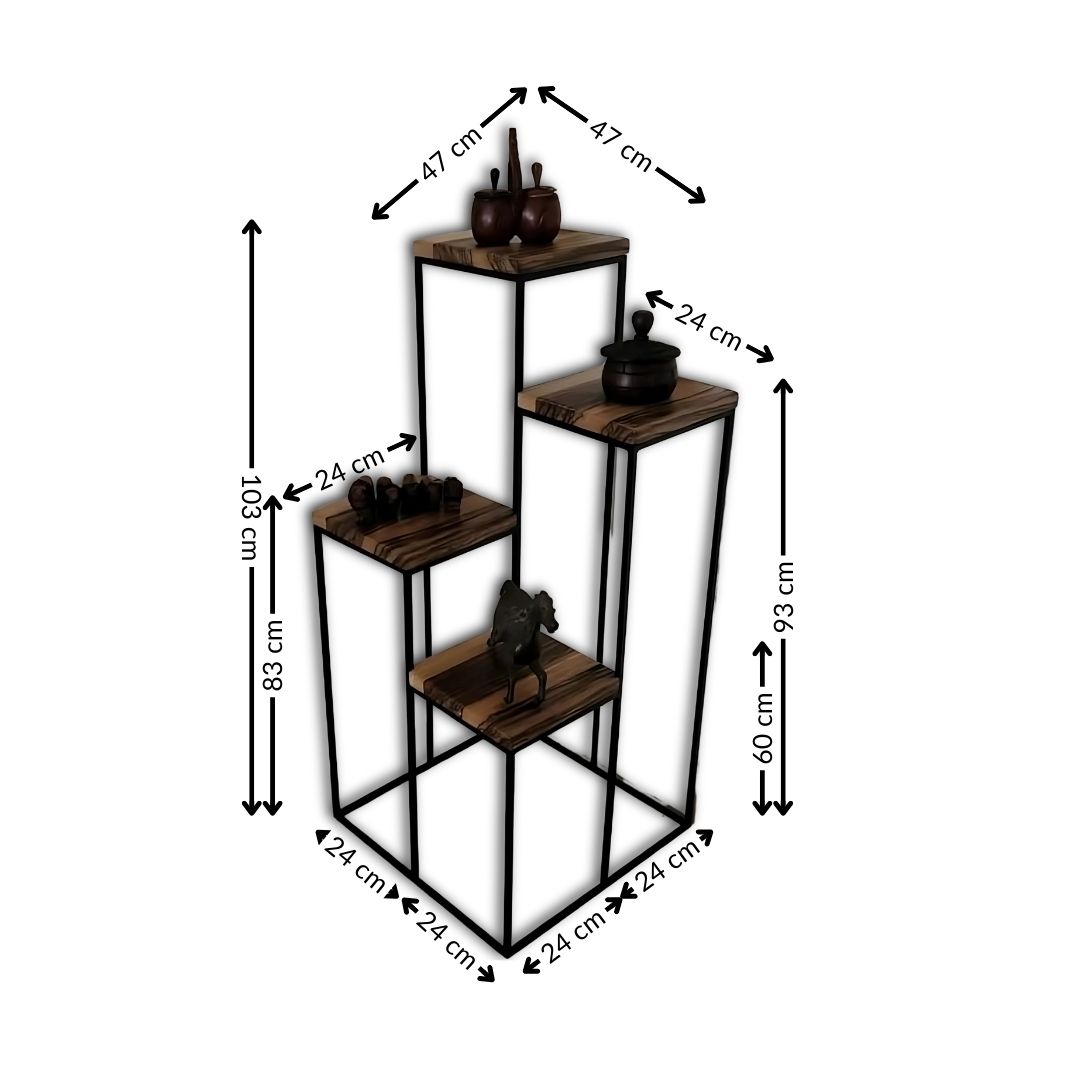 Support plantes d’entrée avec 4 étagères en acier noir EPOXY et bois fraké