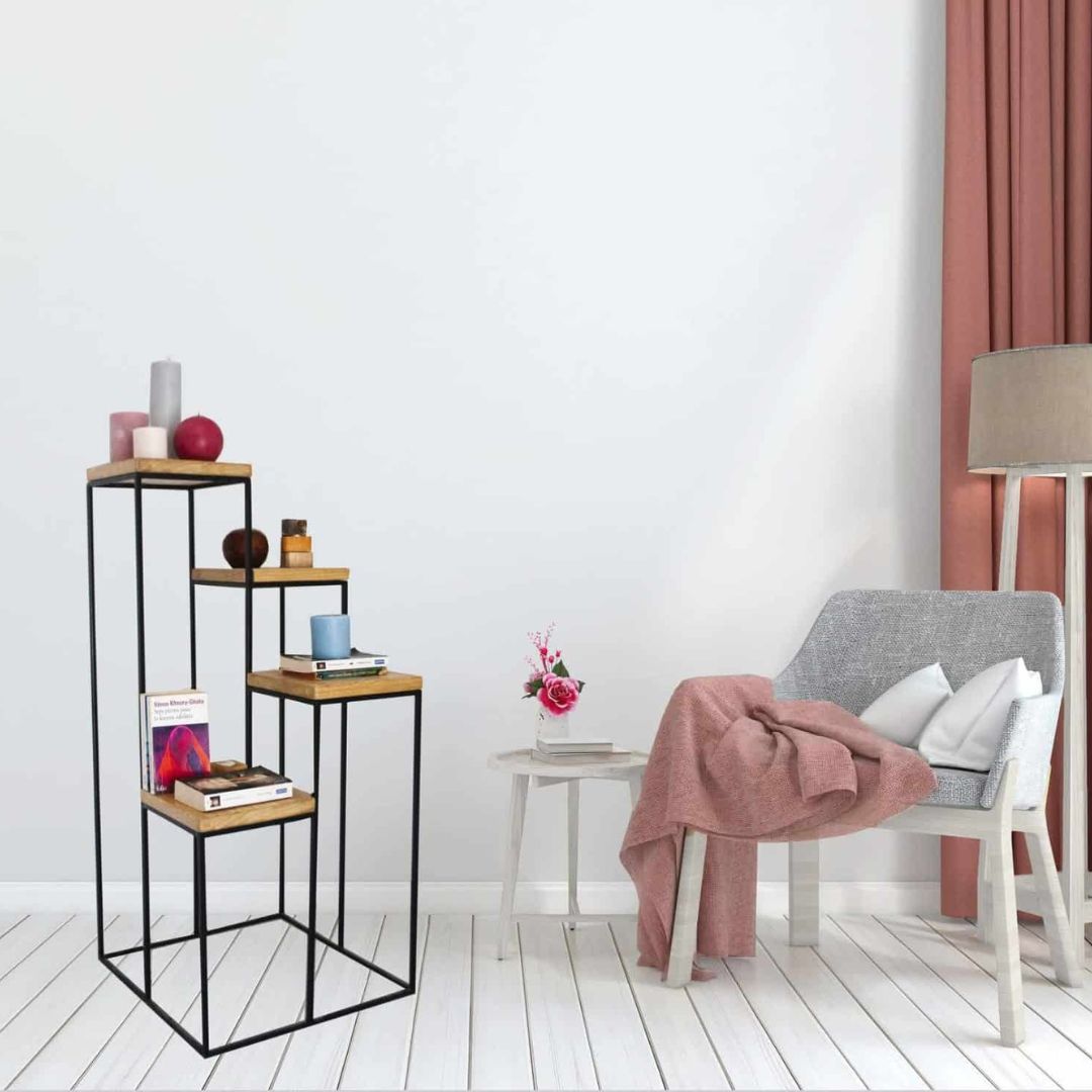 Support plantes d’entrée avec 4 étagères en acier noir EPOXY et bois fraké