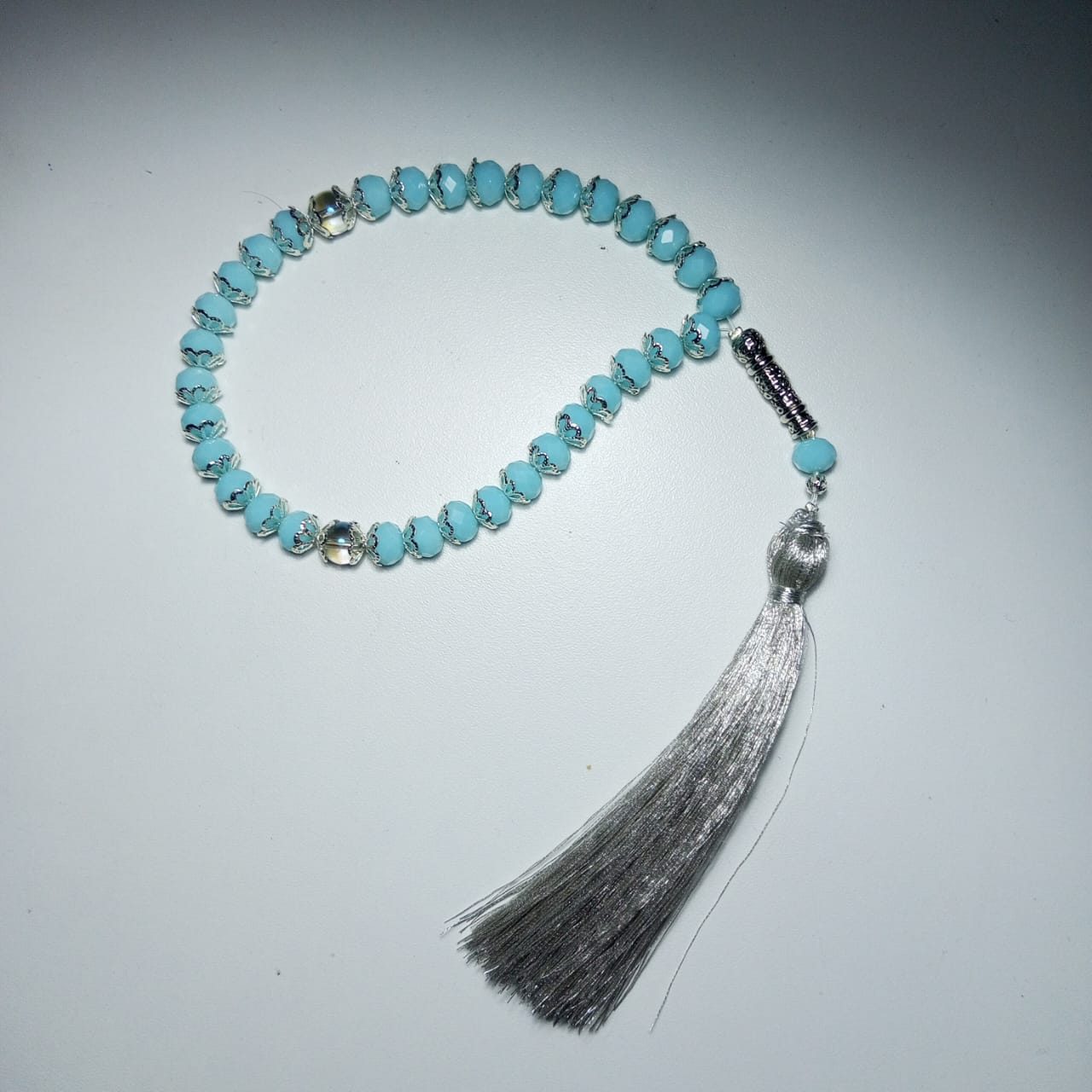 Chapelet « Sebha » en pierre bleu avec séparation métallique décorative