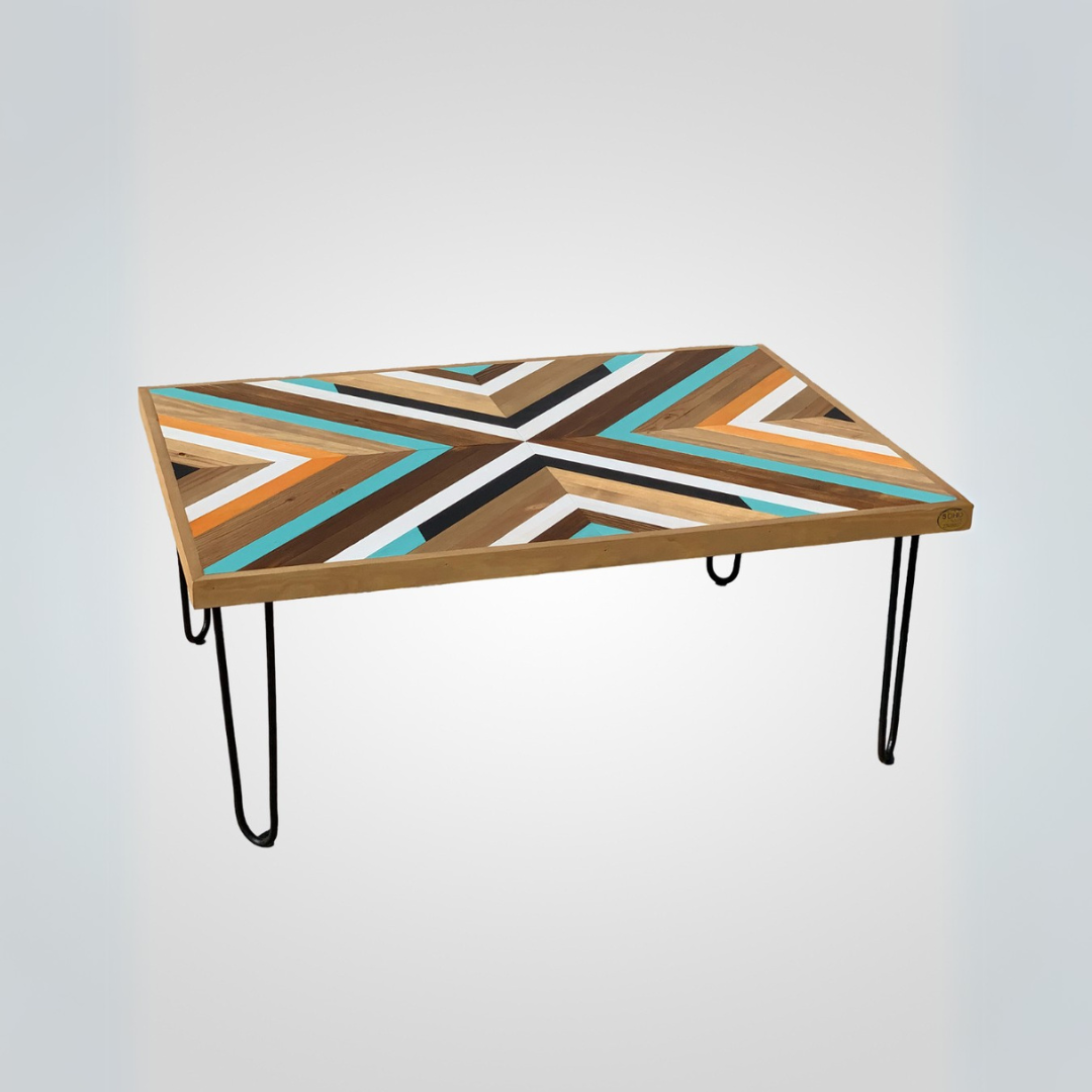 Table Basse Bois Rouge Artisanale Pieds Métal Noir