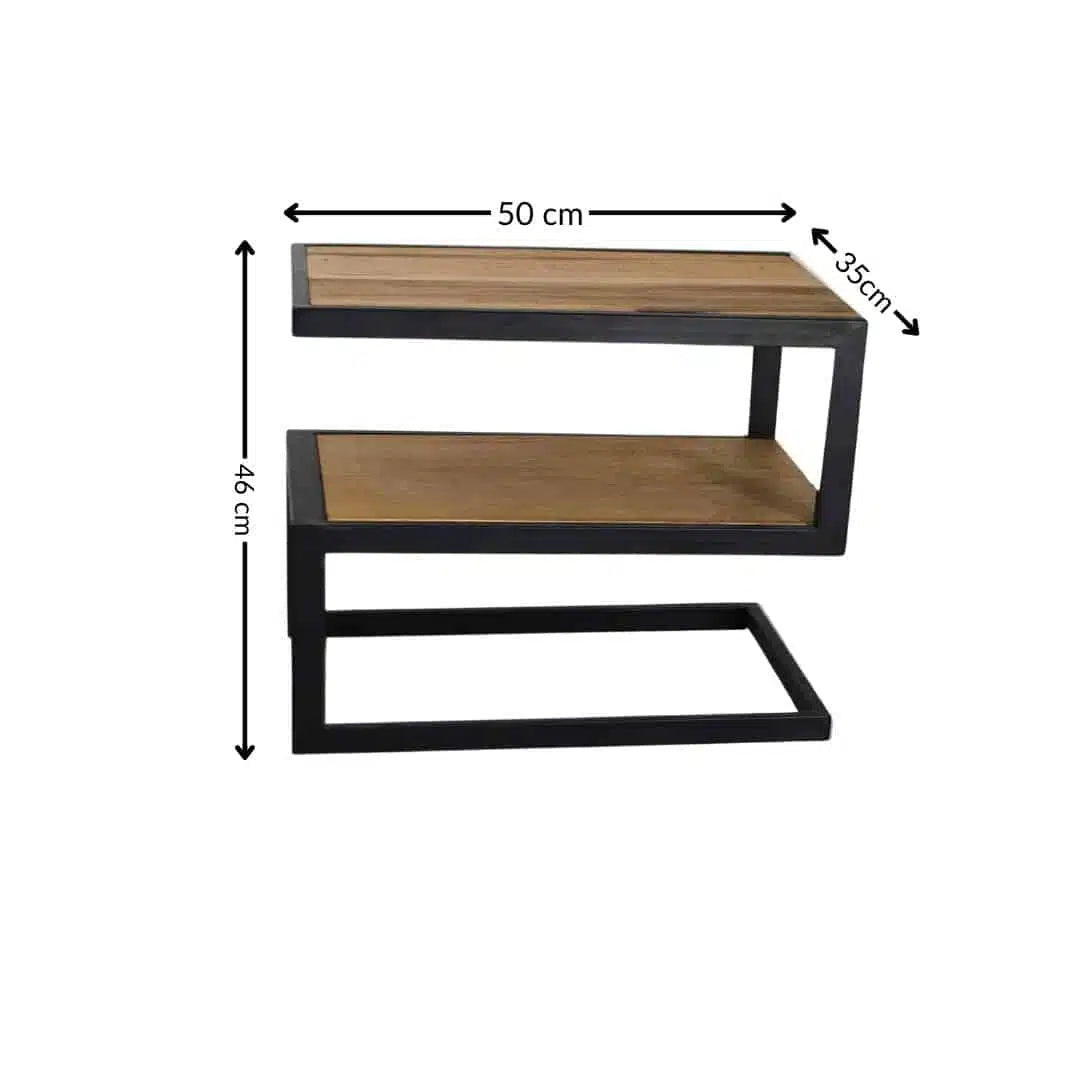Table basse forme S en bois fraké et acier (50 × 35 × 46 cm)
