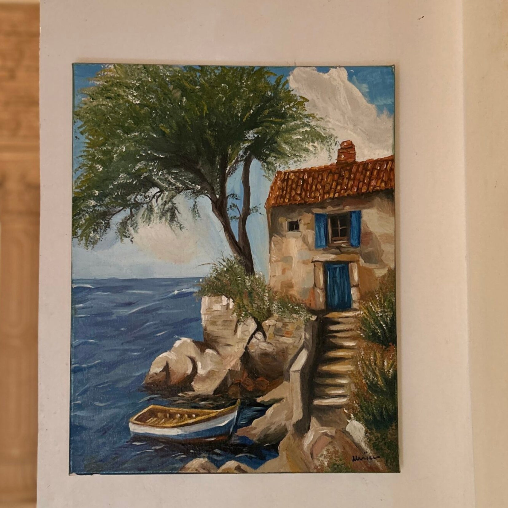 Tableau à l’huile maison au bord des vagues