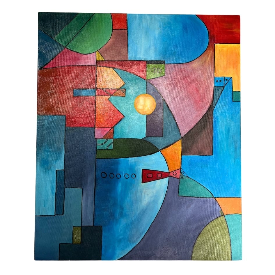 Tableau décoratif bleu et rouge en peinture acrylique sur toile 60x50 cm