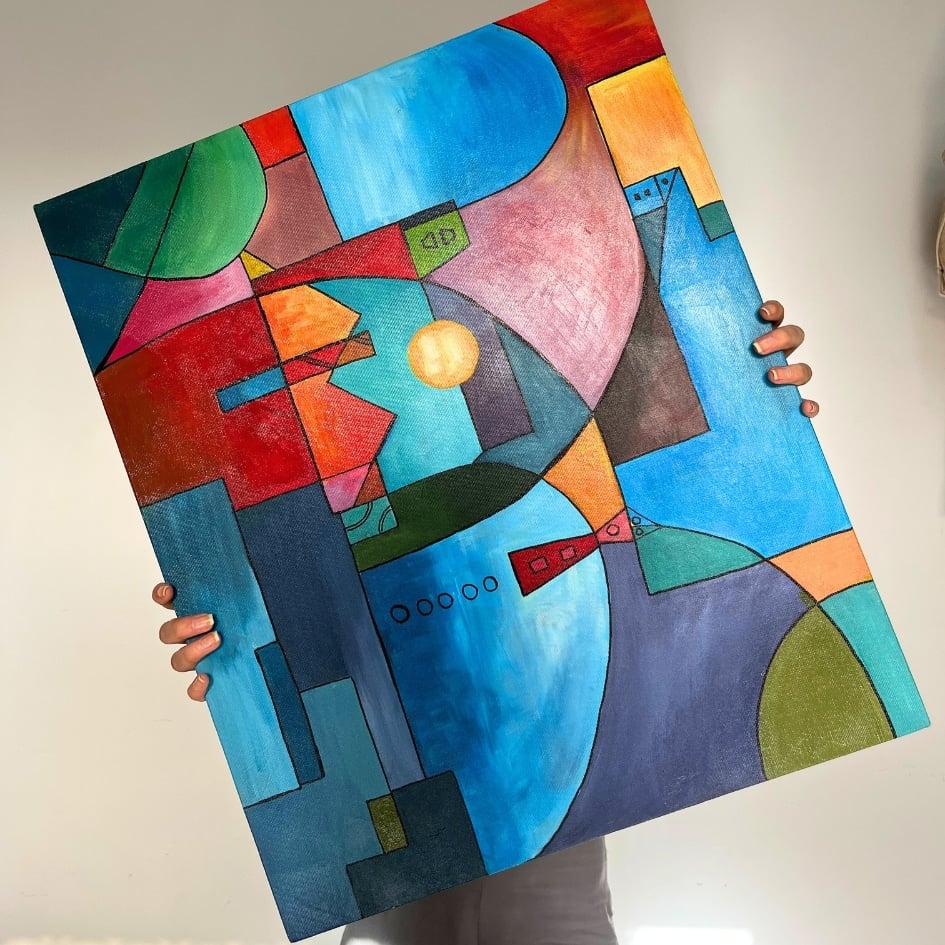 Tableau décoratif bleu et rouge en peinture acrylique sur toile 60x50 cm