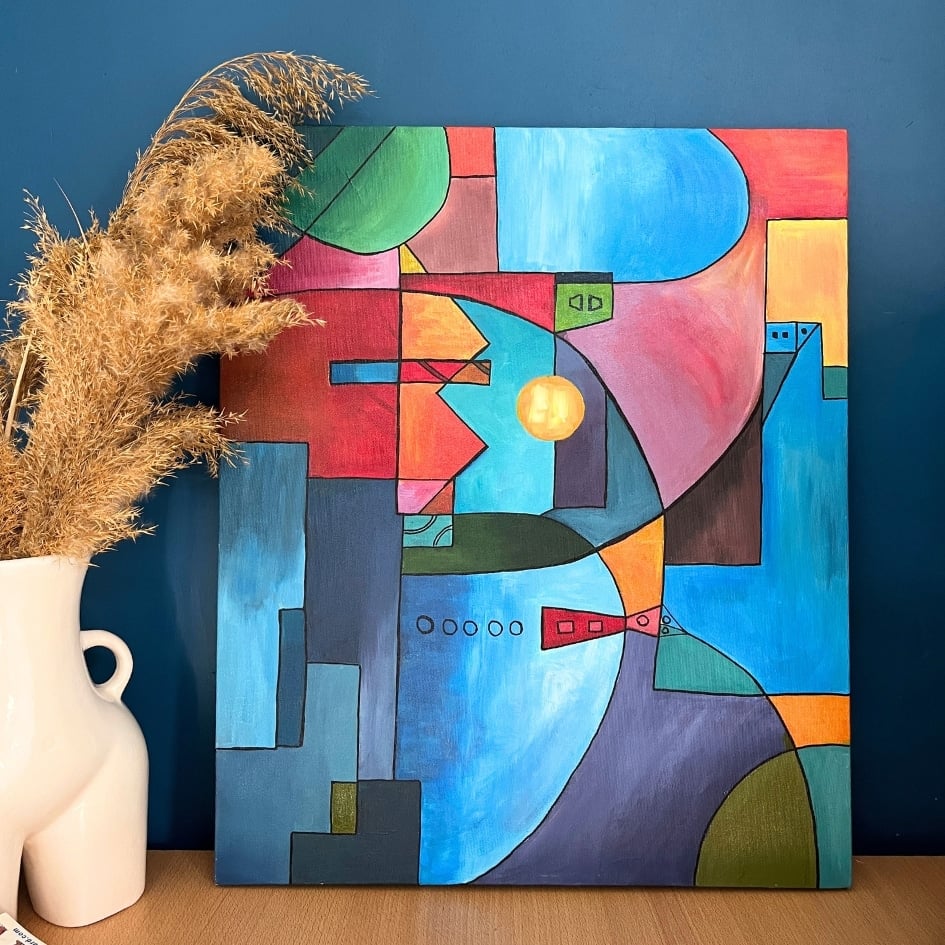 Tableau décoratif bleu et rouge en peinture acrylique sur toile 60x50 cm