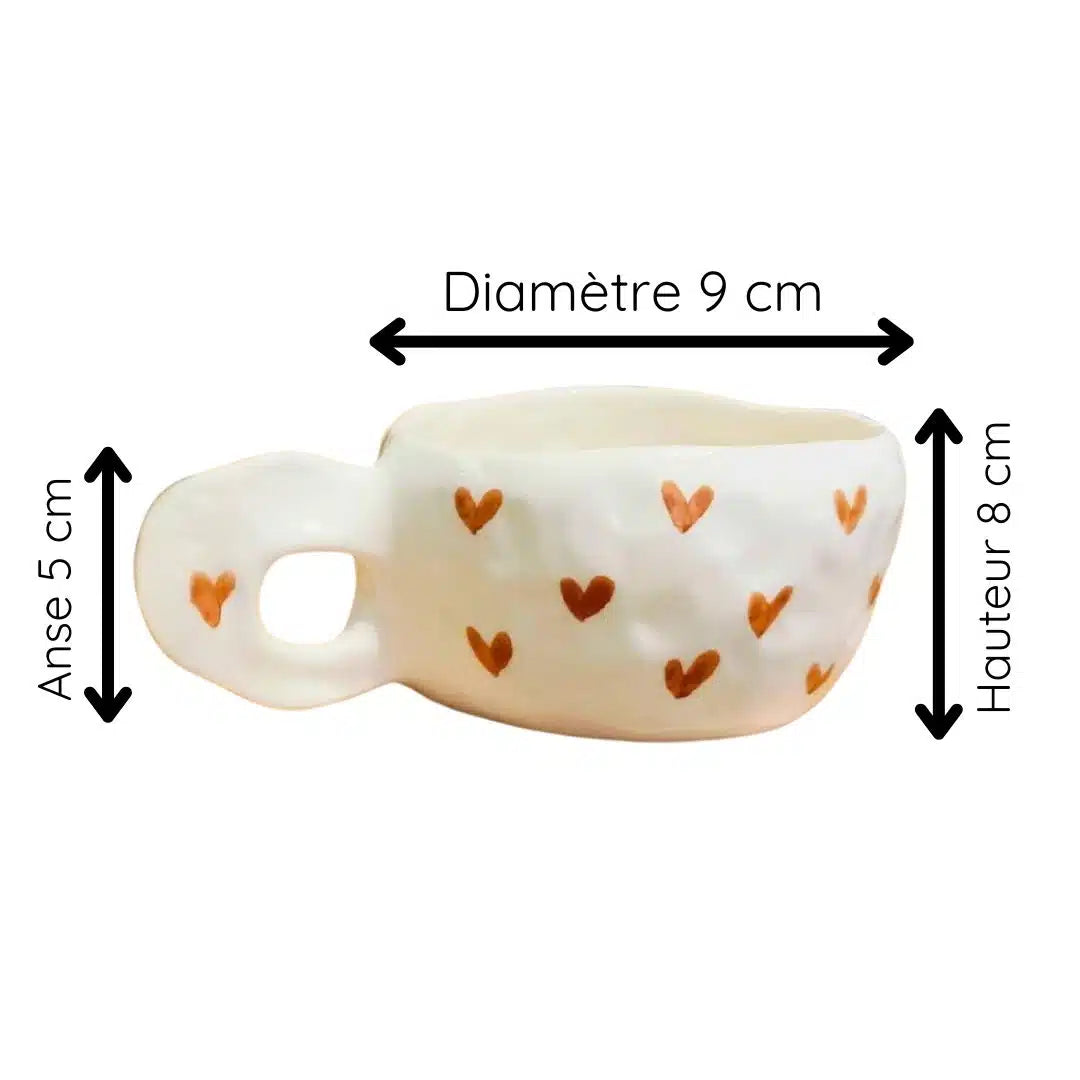 Tasse céramique artisanale avec motifs cœurs - Disponible en plusieurs couleurs (9 x 6 cm)