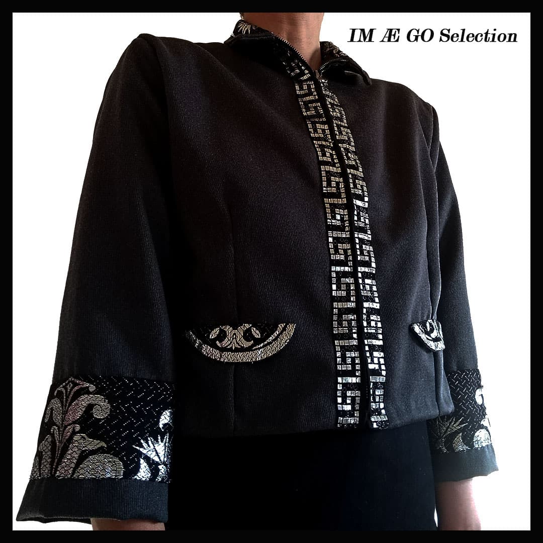 Veste grise courte en coton et laine, design argenté, pièce unique faite à la main