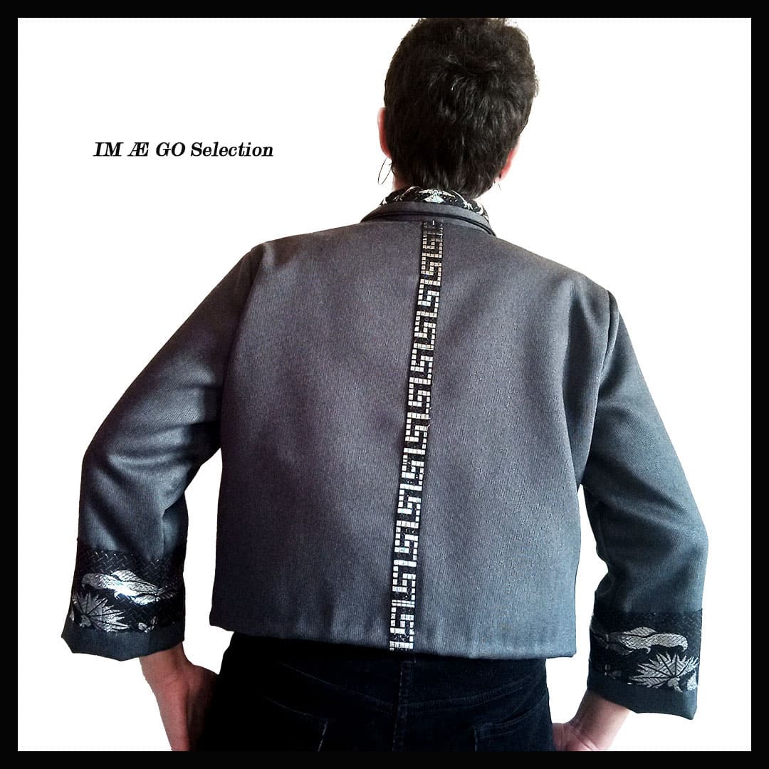 Veste grise courte en coton et laine, design argenté, pièce unique faite à la main