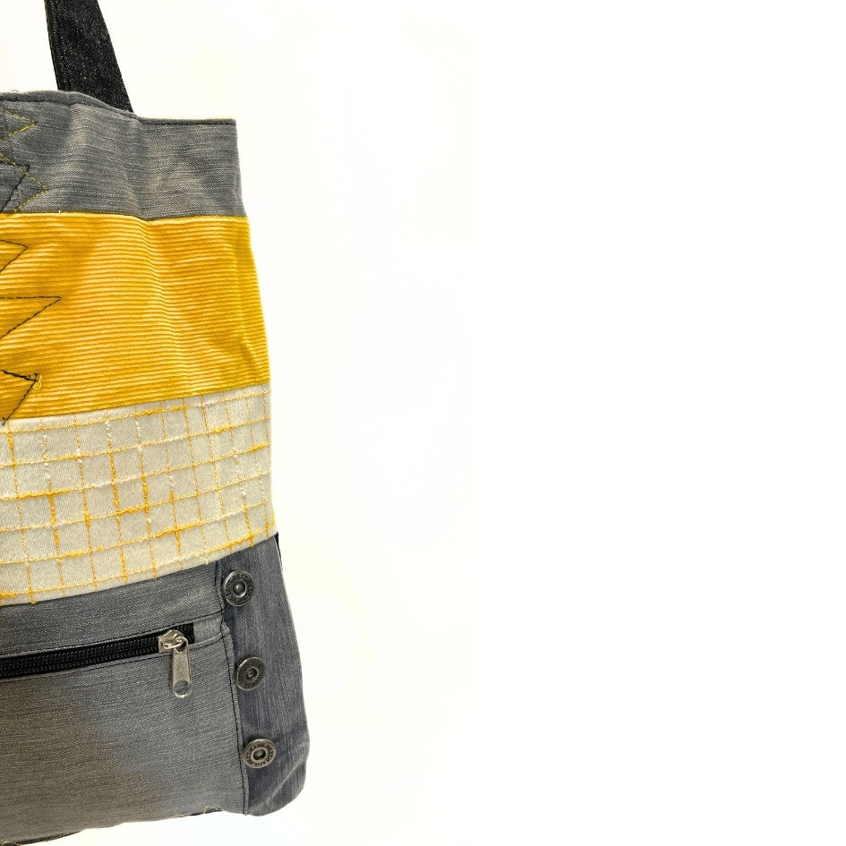 Tote Bag en Tissus Upcyclé - Jean Revalorisé, velours côtelé et tissu à carreaux