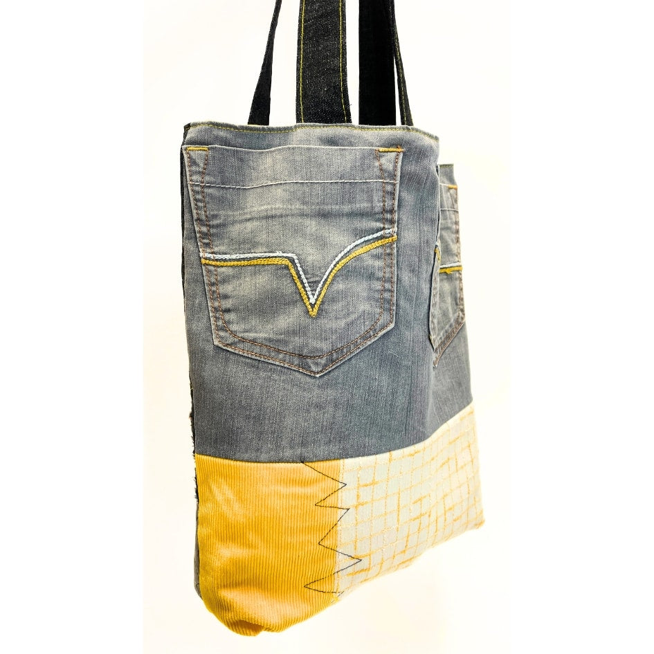 Tote Bag en Tissus Upcyclé - Jean Revalorisé, velours côtelé et tissu à carreaux