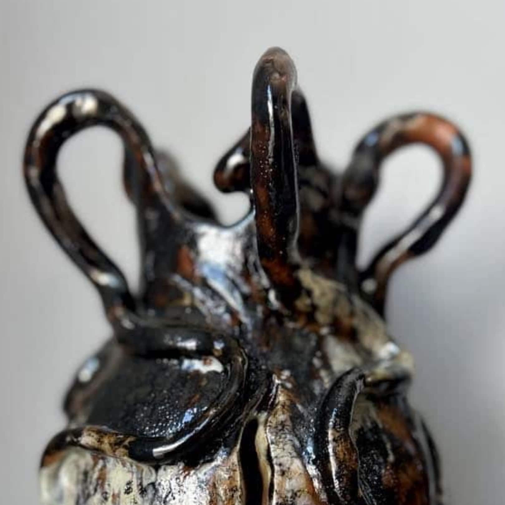 Ceramic vase with tentacles and bronze enamel, unique piece (28 x 17 x 17 cm)