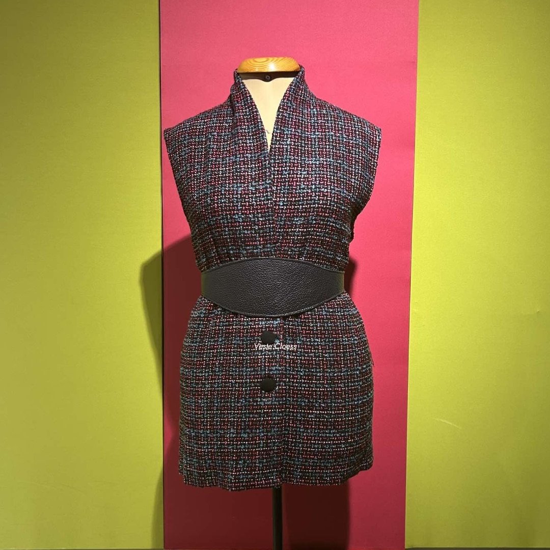 Sleeveless Tweed and Leather Jacket