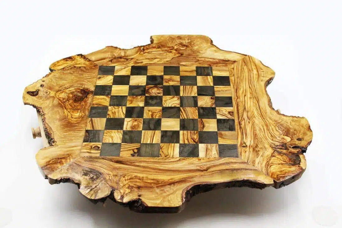 jeu d'échecs artisanal en bois d'olivier avec tiroirs