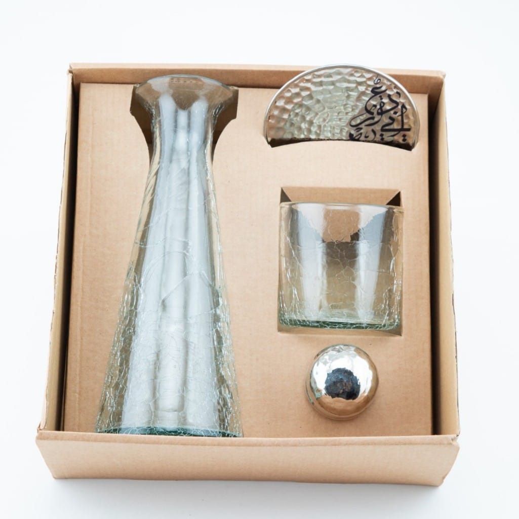 Coffret Bel Art en verre soufflé & cuivre – Carafe 1L + Tasse + Sous-tasse (Hauteur 25 cm / Tasse 8x8 cm)