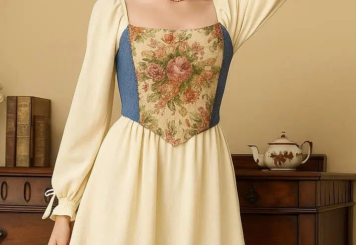 Corsage "Eglantine bleu" cottagecore à fleurs anciennes et denim upcyclé