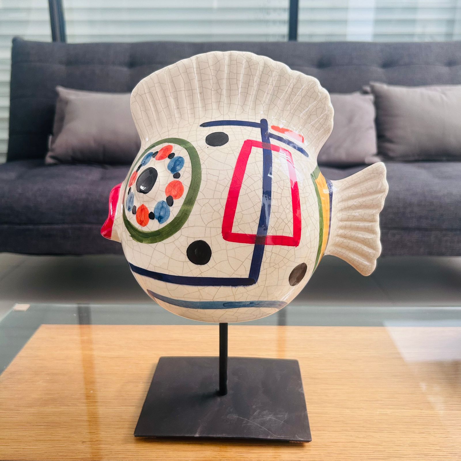 Sculpture poisson en céramique - forme de lune & style graphique
