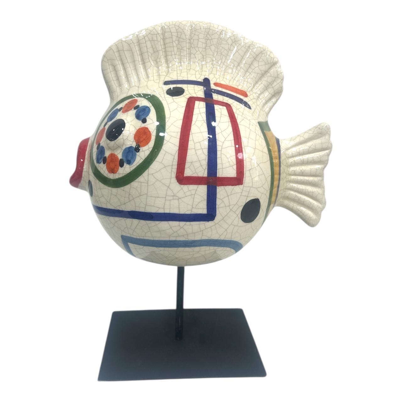 Sculpture poisson en céramique - forme de lune & style graphique